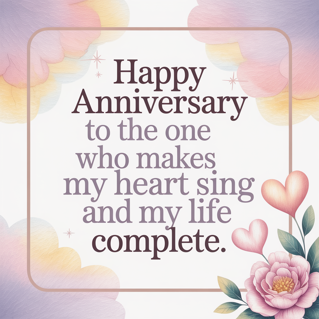 Happy anniversary to the one who makes my heart sing and my life complete. Happy anniversary to the one who makes my heart sing and my life complete