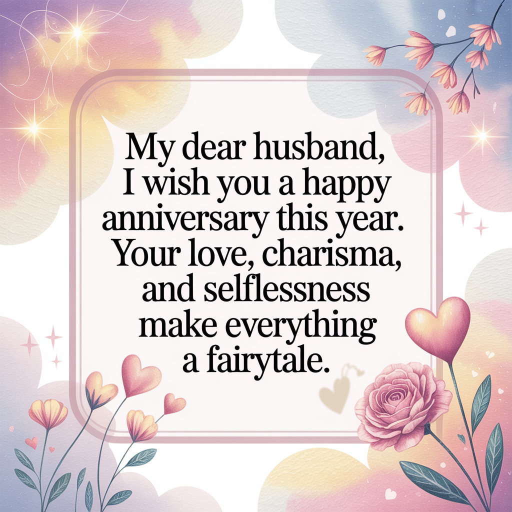 My dear husband, I wish you a happy anniversary this year. Your love, charisma, and selflessness make everything a fairytale. My dear husband I wish you a happy anniversary this year. Your love charisma and selflessness make everything a fairytale