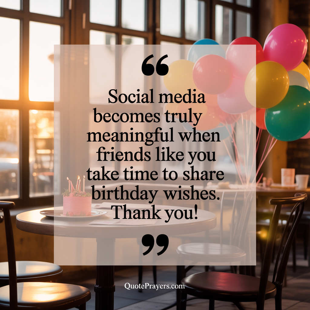 Social media becomes truly meaningful when friends like you take time to share birthday wishes. Thank you Social media becomes truly meaningful when friends like you take time to share birthday wishes. Thank you